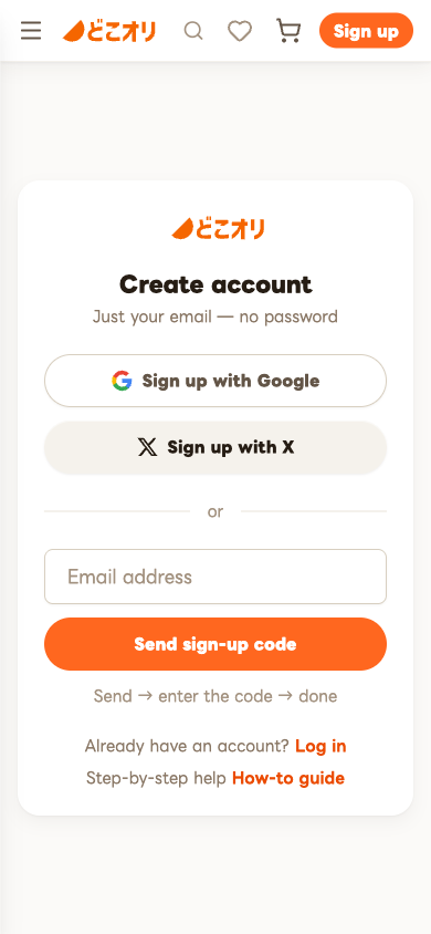 The dokori sign-up screen, with Google and X buttons and an email field.